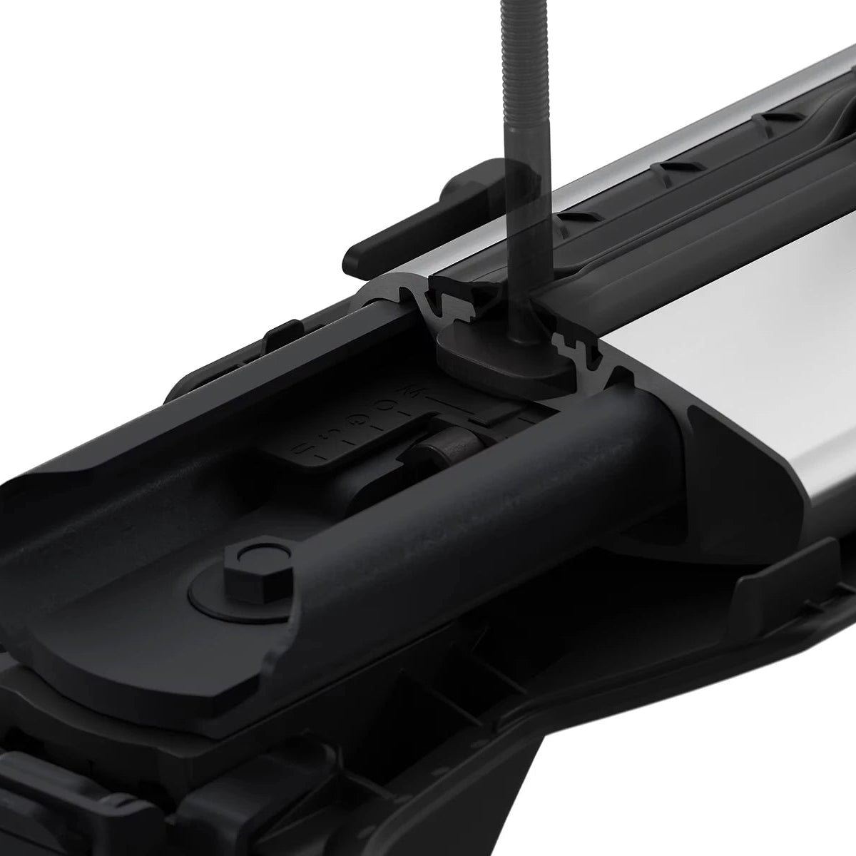 Close-up of a Thule 720400 Foot Pack demonstrating the channel accessory mount on top, with a white background