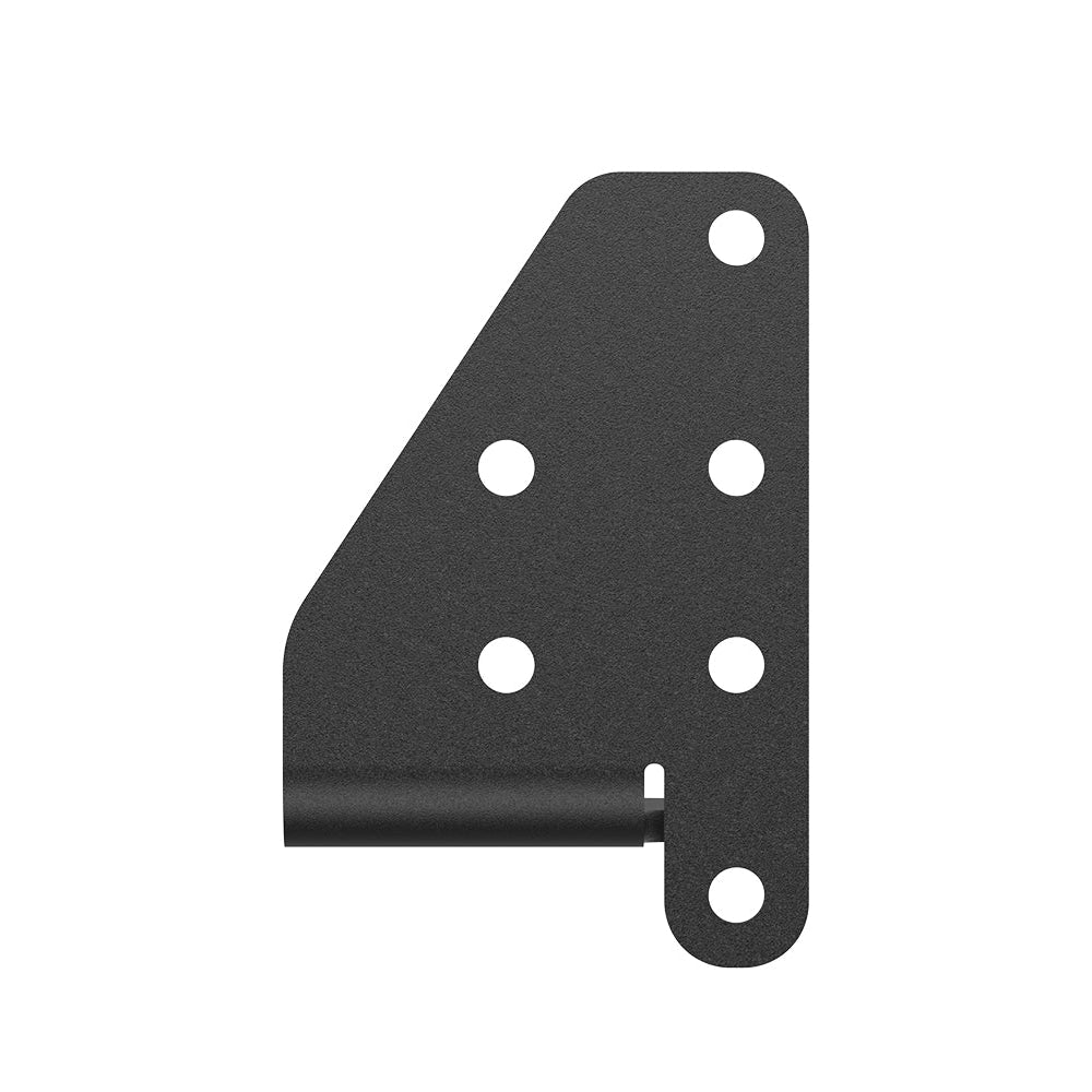 Black metal bracket with multiple holes on a white background