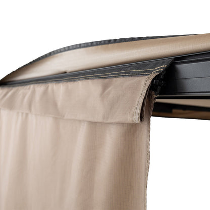 Close-up of a beige roof awning with a sidewall being attached on a white background