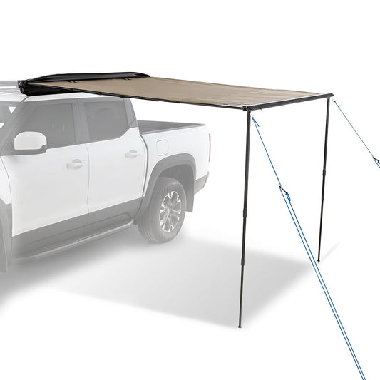 White truck with a roof rack and rhino-rack 2m awning on a white background