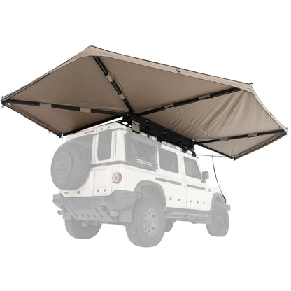 Car with a beige rooftop awning on a white background
