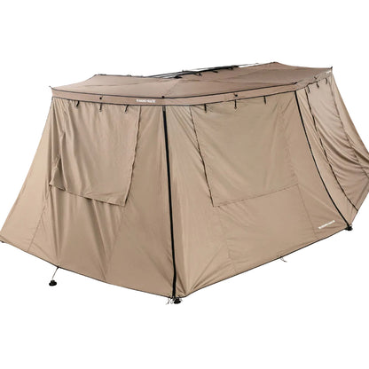 Brown tent with a fly sheet on a white background