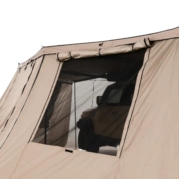 Beige camping tent with a window on a white background