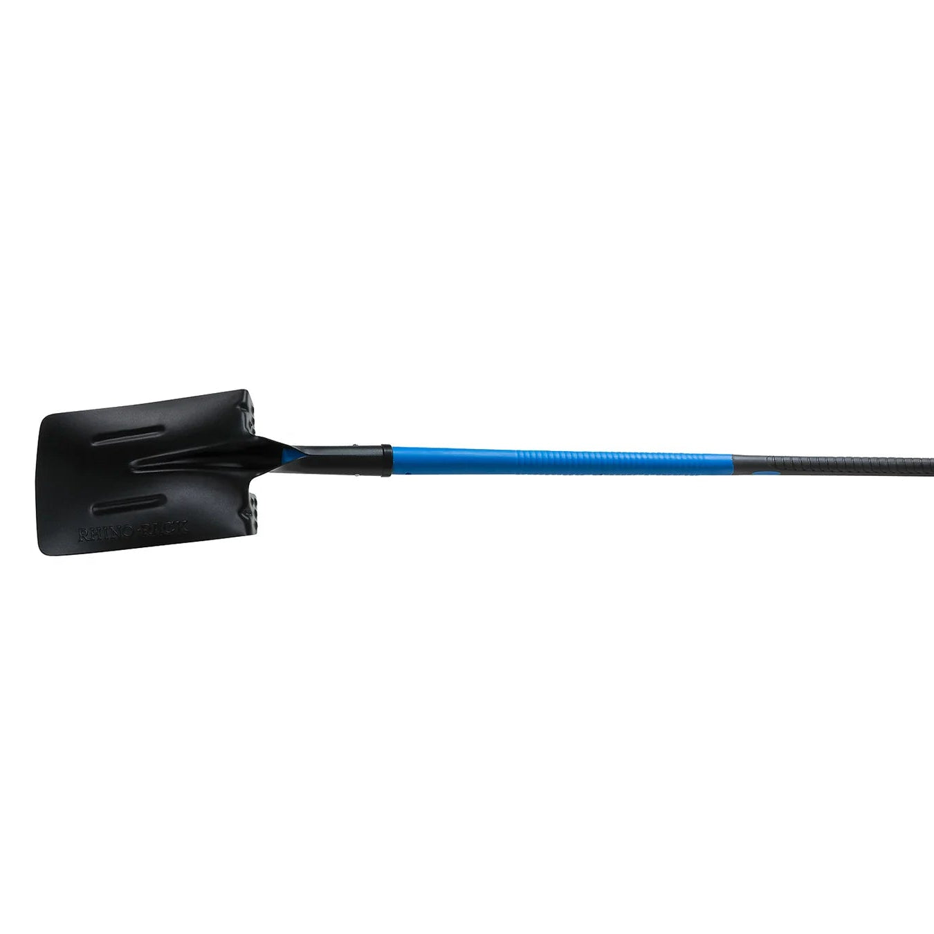 Black shovel with a blue handle on a white background
