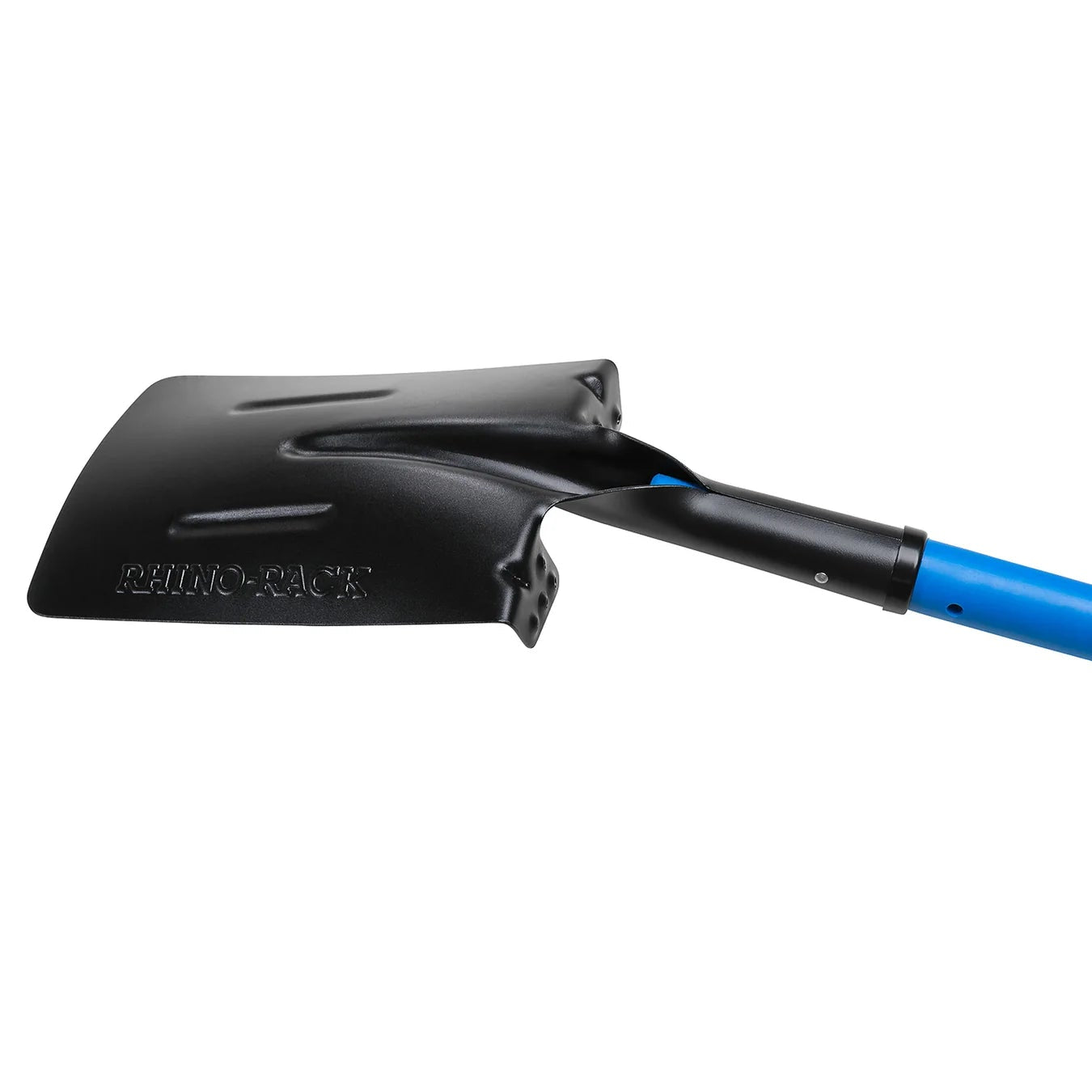 Black shovel with a blue handle on a white background