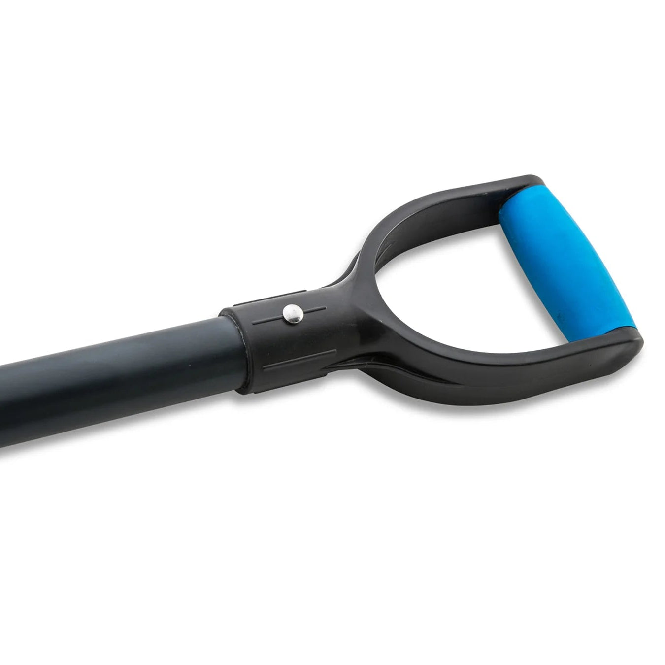 Black spade with blue handle grip on a white background