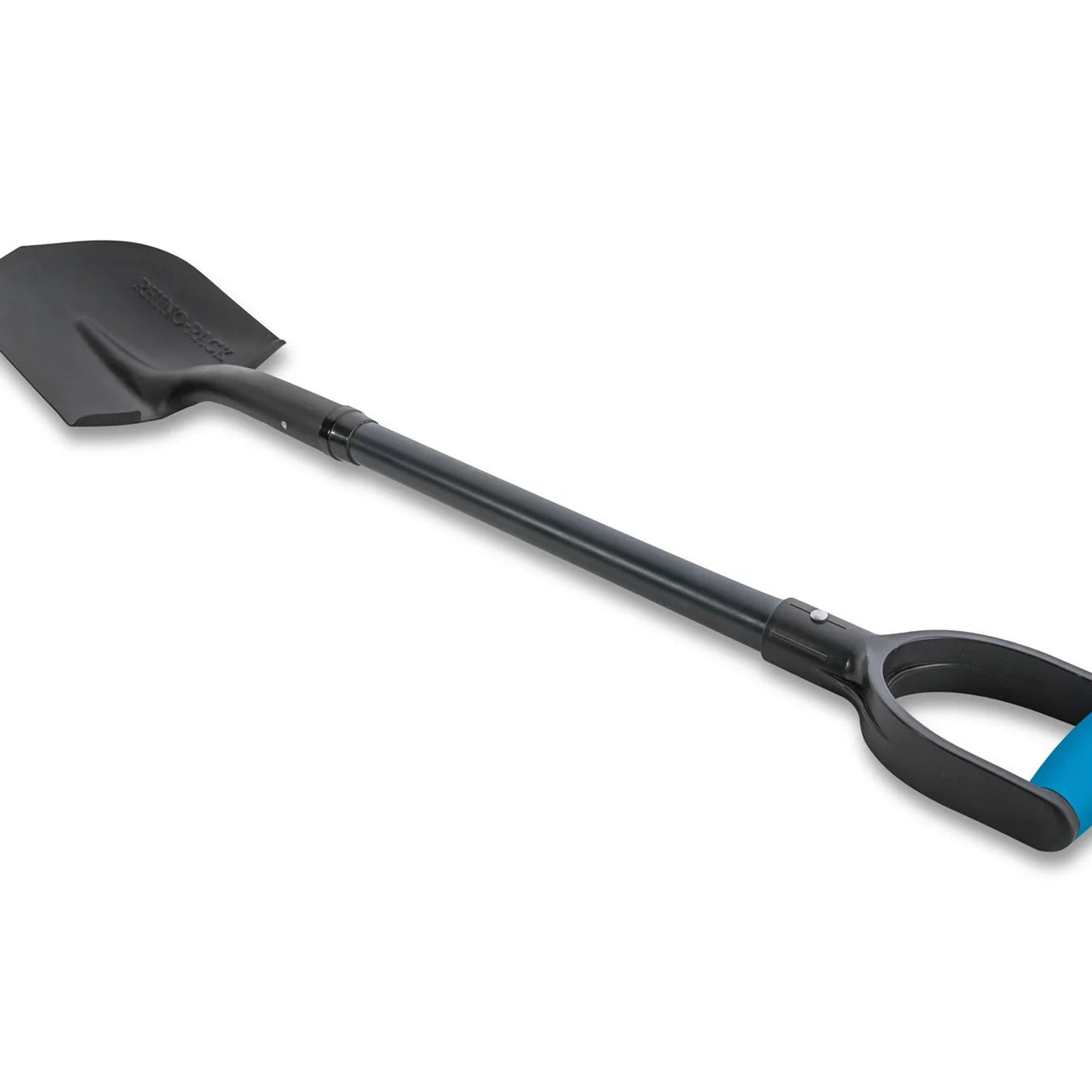 Shovel with a black handle and blue accent on a white background