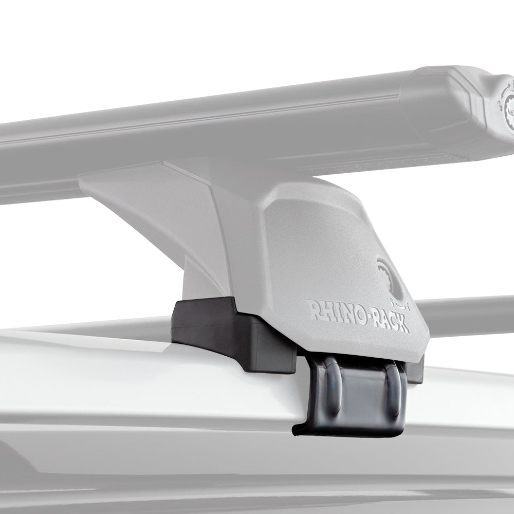 A close-up of a roof rack mounting bracket attached to a white vehicle roof, with the brand name Rhino-Rack visible on the gray bracket.