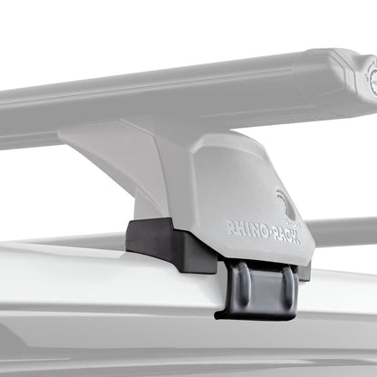 A close-up of a roof rack mounting bracket attached to a white vehicle roof, with the brand name Rhino-Rack visible on the gray bracket.