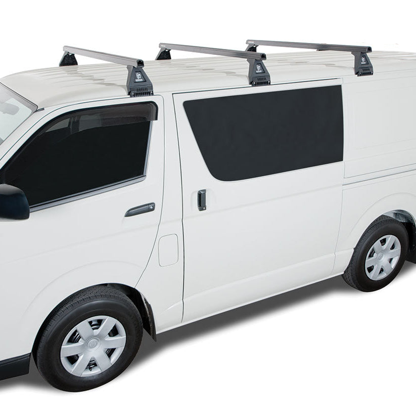 White van with a roof rack on a white background