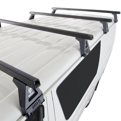 Roof rack system on a white vehicle with a clear background
