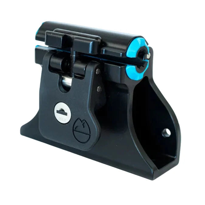 Black mechanical component with blue accent on a white background