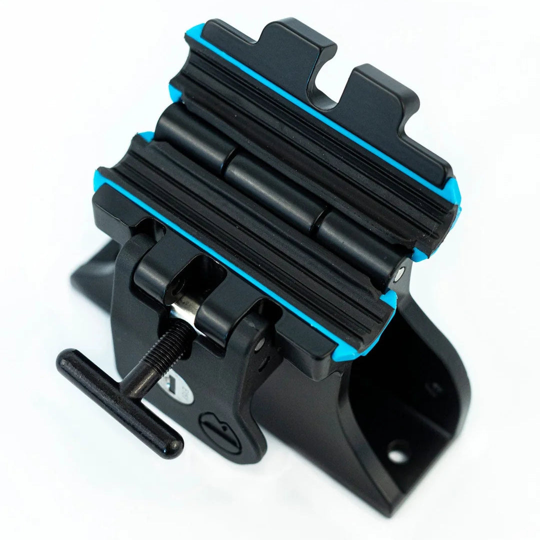 Black and blue clamp or holder on a white background