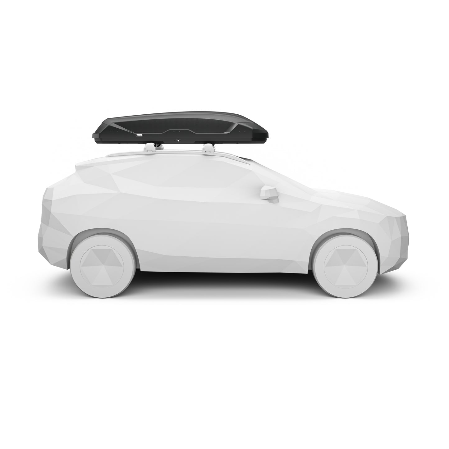 A low-poly side-view render of a white car with a black roof box mounted on top, shown on a plain white background.