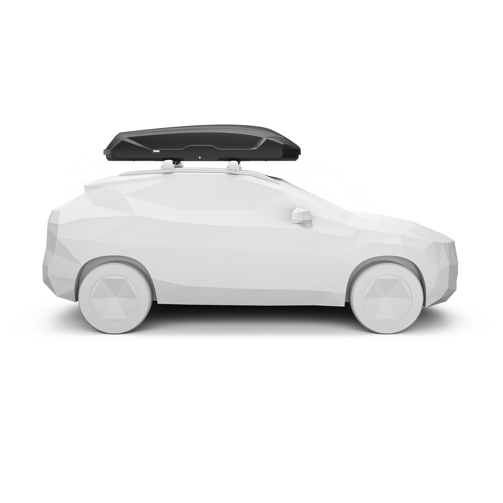 A low-poly side-view render of a white car with a black roof box mounted on top, shown on a plain white background.