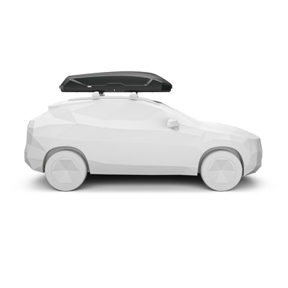 A low-poly side-view render of a white car with a black roof box mounted on top, shown on a plain white background.