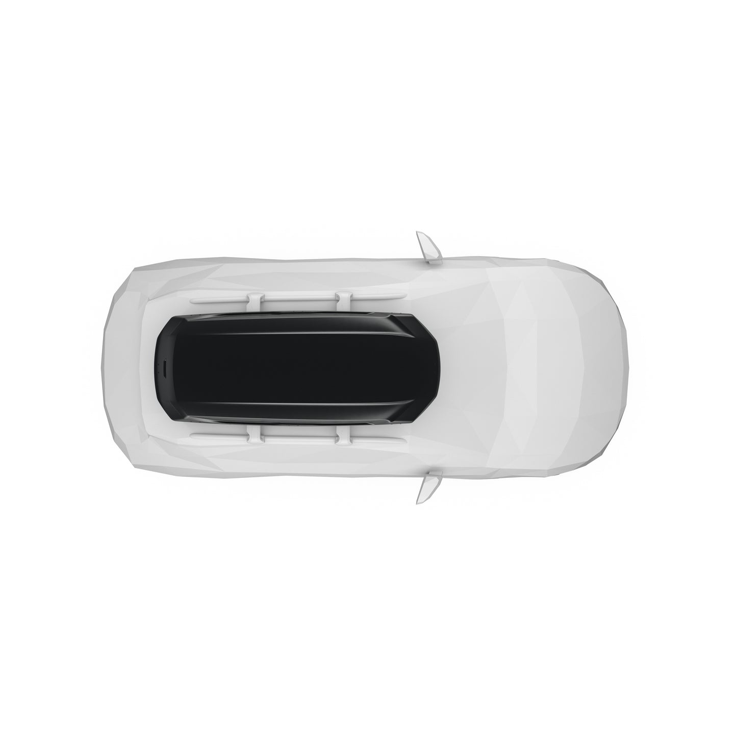 A top-down view of a white car with a black sunroof on a solid white background.