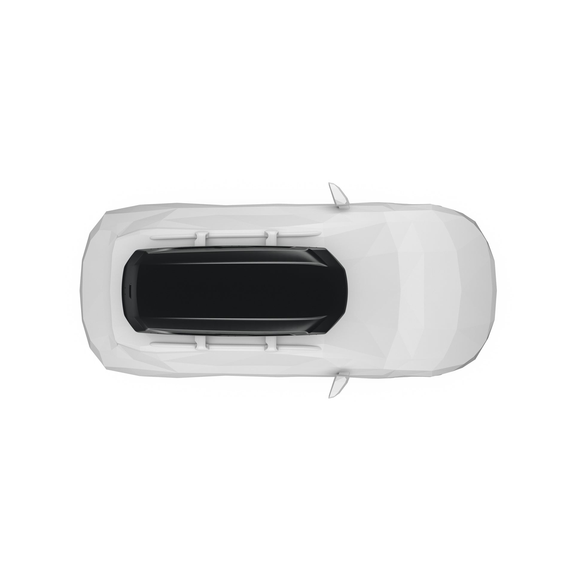 A top-down view of a white car with a black sunroof on a solid white background.