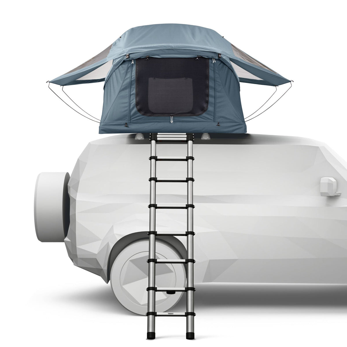 A low-poly style illustration of a white SUV with a blue rooftop tent and black ladder, shown on a plain white background.