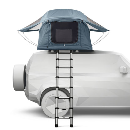 A low-poly style illustration of a white SUV with a blue rooftop tent and black ladder, shown on a plain white background.
