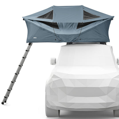 A low-poly 3D render of a white car with a blue rooftop tent mounted on top and a gray telescoping support leg extended to the left, shown on a plain white background.