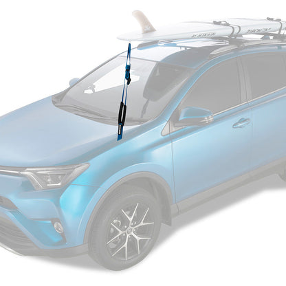 Light blue SUV with a surfboard on a white background