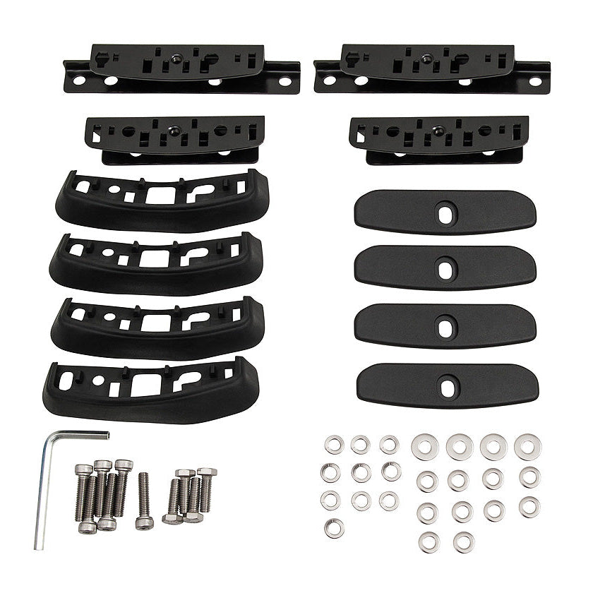 Set of black metal brackets and screws on a white background