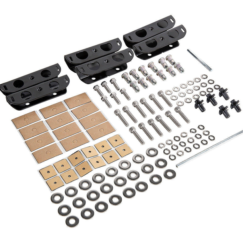 A hardware installation kit laid out on a white background, including black mounting brackets, silver screws and bolts, washers, nuts and accessories