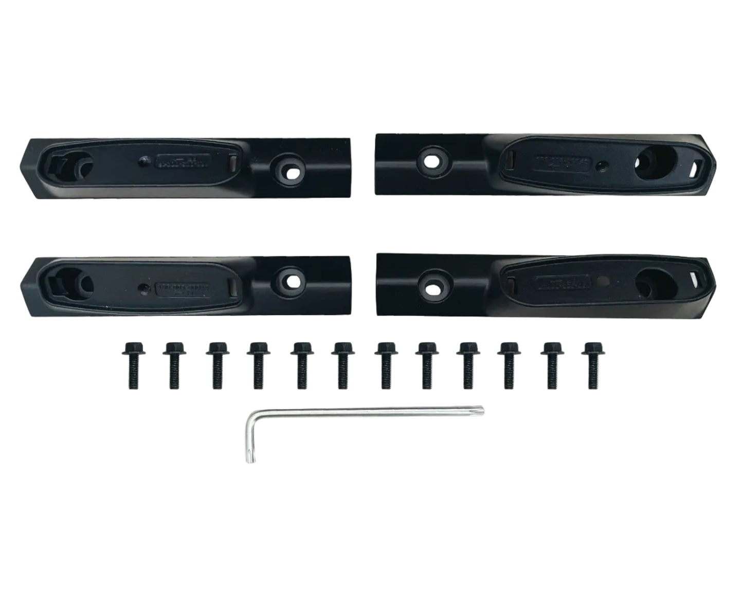 Set of black metal brackets with screws and a wrench on a white background