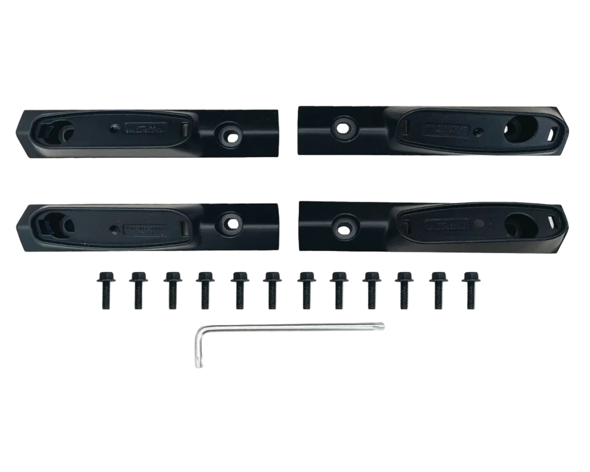 Set of black metal brackets with screws and a wrench on a white background
