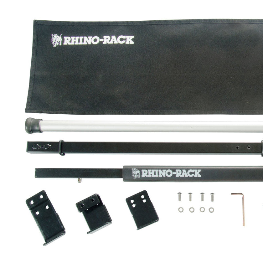 Rhino-Rack car rack components including bars, brackets, and a carrying case on a white background.