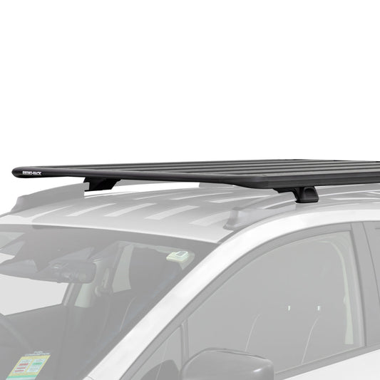 rhino-rack pioneer platform roof tray system with an rx100 leg set, mounted on a vehicle with raised rails