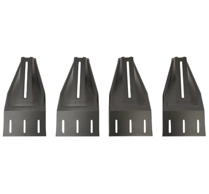 Four black metal grate components on a white background