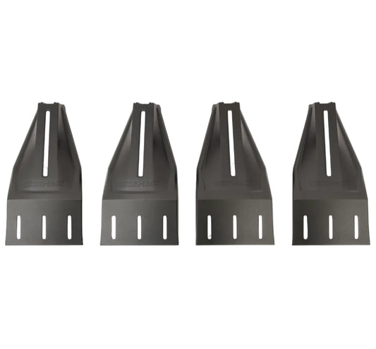 Four black metal grate components on a white background