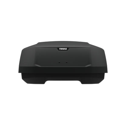 Black Thule roof box on a white background
