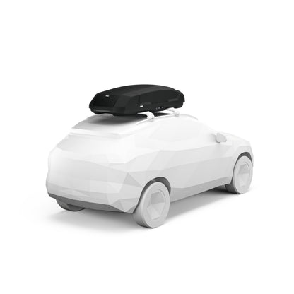 White car with a black roof box on a white background