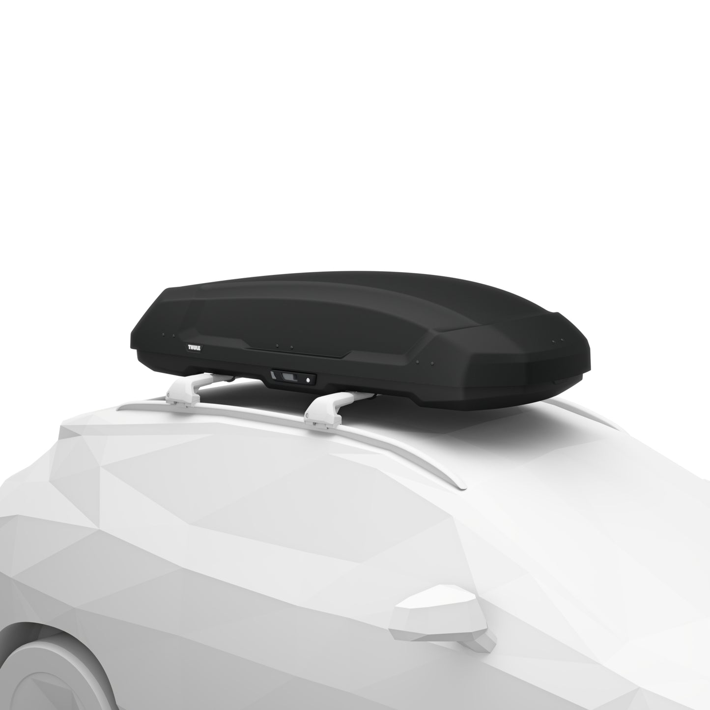 Black roof box on a car with a white background