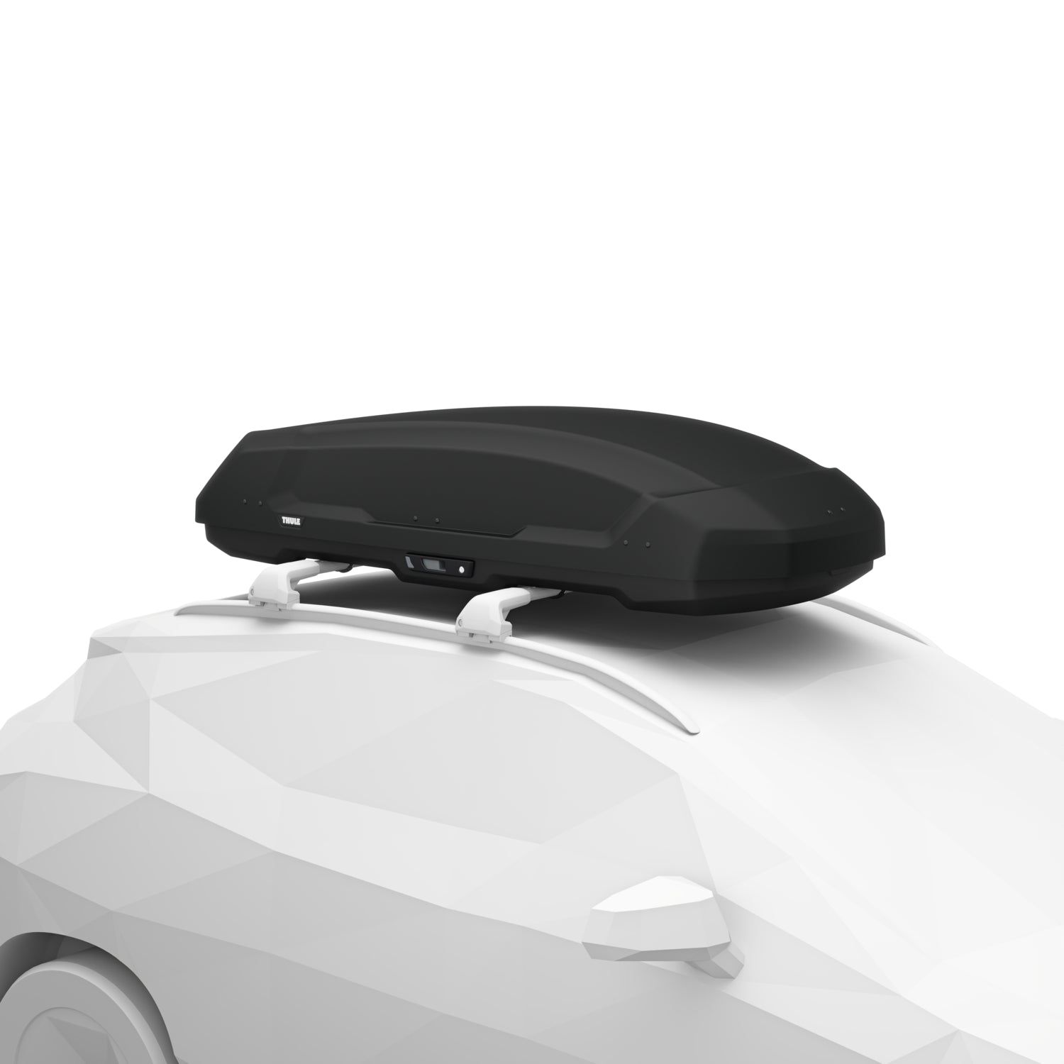 Black roof box on a car with a white background