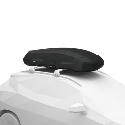 Black roof box on a car with a white background
