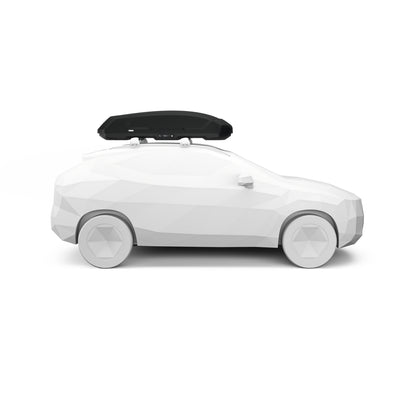 White toy car with black roof box on a white background