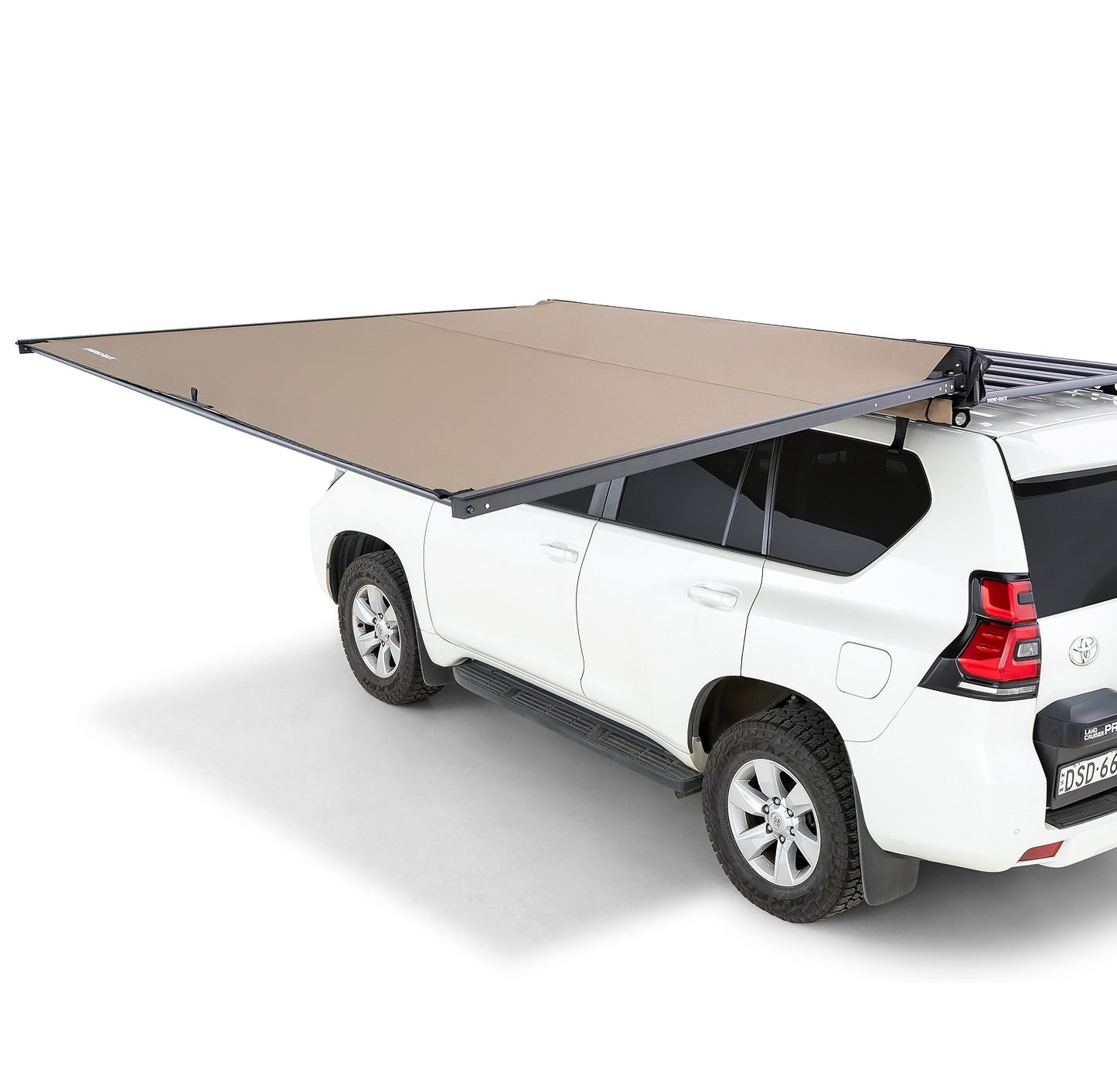White SUV with a beige roof rack and cover on a white background