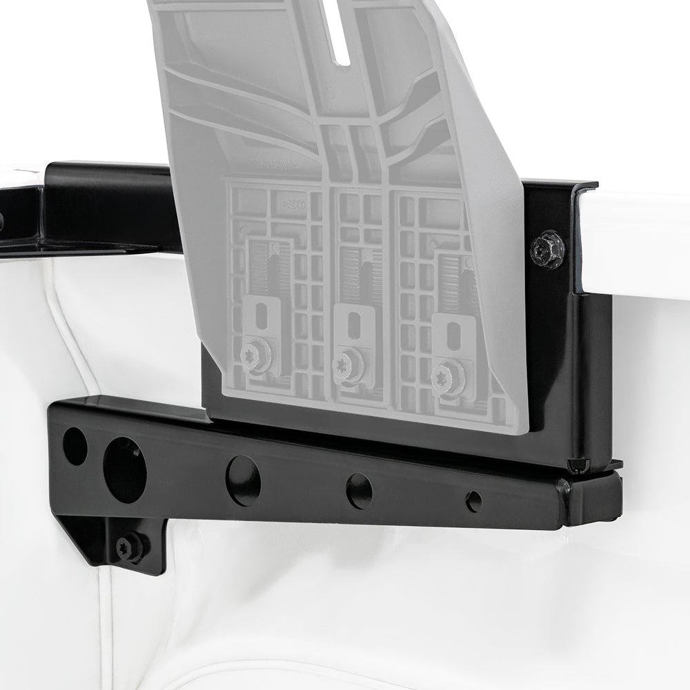 Black metal bracket with a textured gray plate on a white background