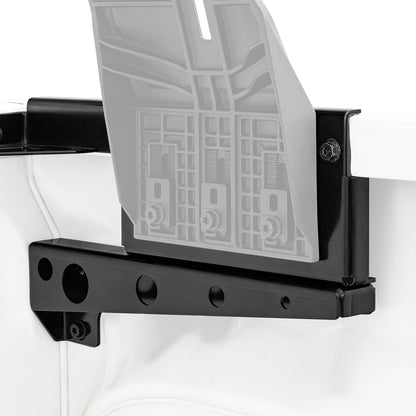 Black metal bracket with a textured gray plate on a white background