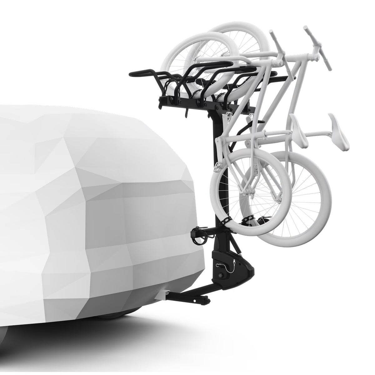 Bicycle carrier attached to a car with two bicycles on a white background