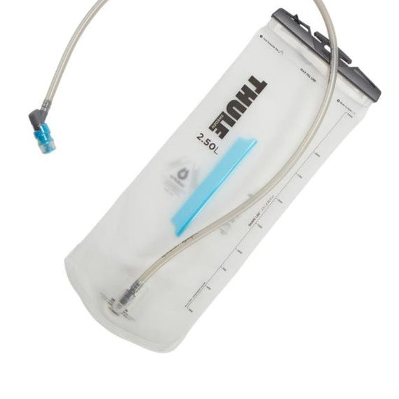 Clear hydration bladder with a black label on a white background