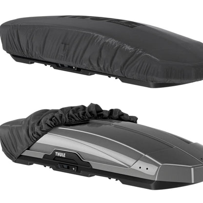 Two roof boxes with covers on a white background, featuring Thule branding.