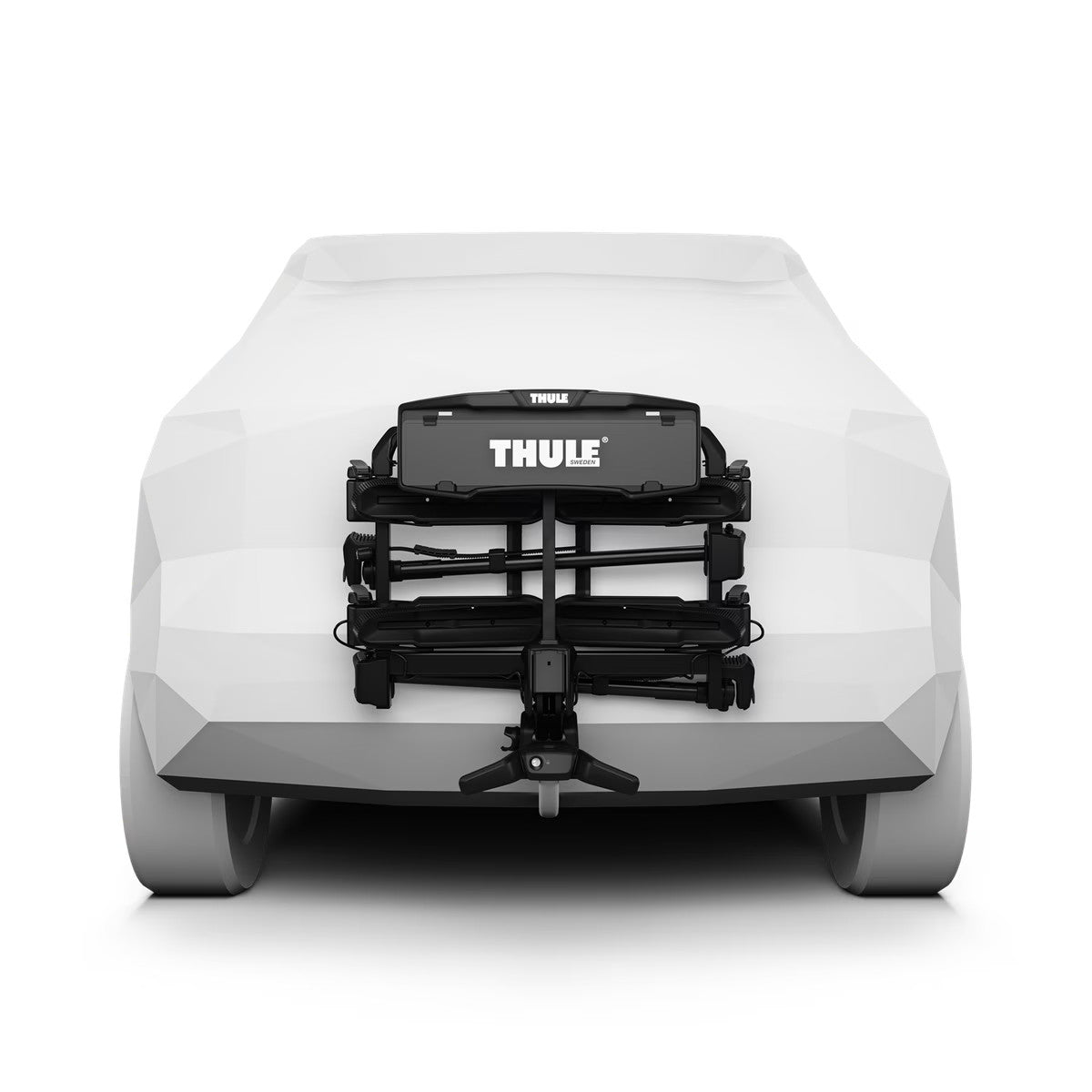Car with Thule bike rack on a white background