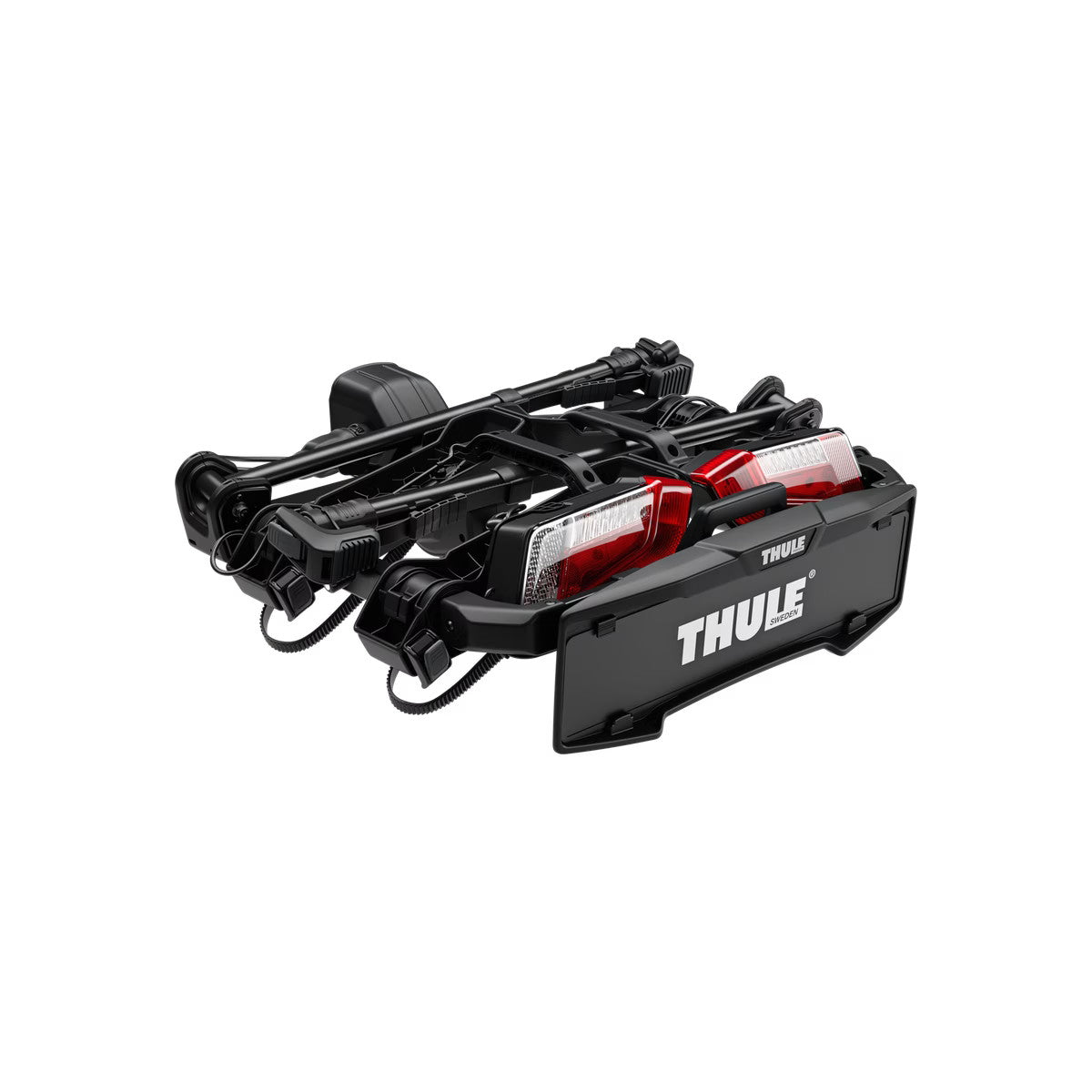 Thule bike rack with red reflectors on a white background